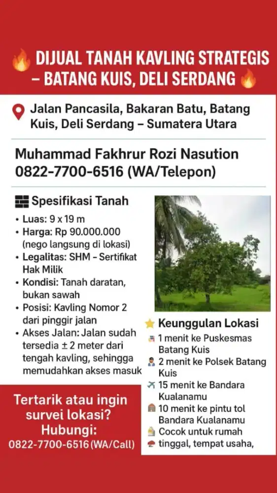 DIJUAL TANAH KAVLING STRATEGIS – BATANG KUIS, DELI SERDANG