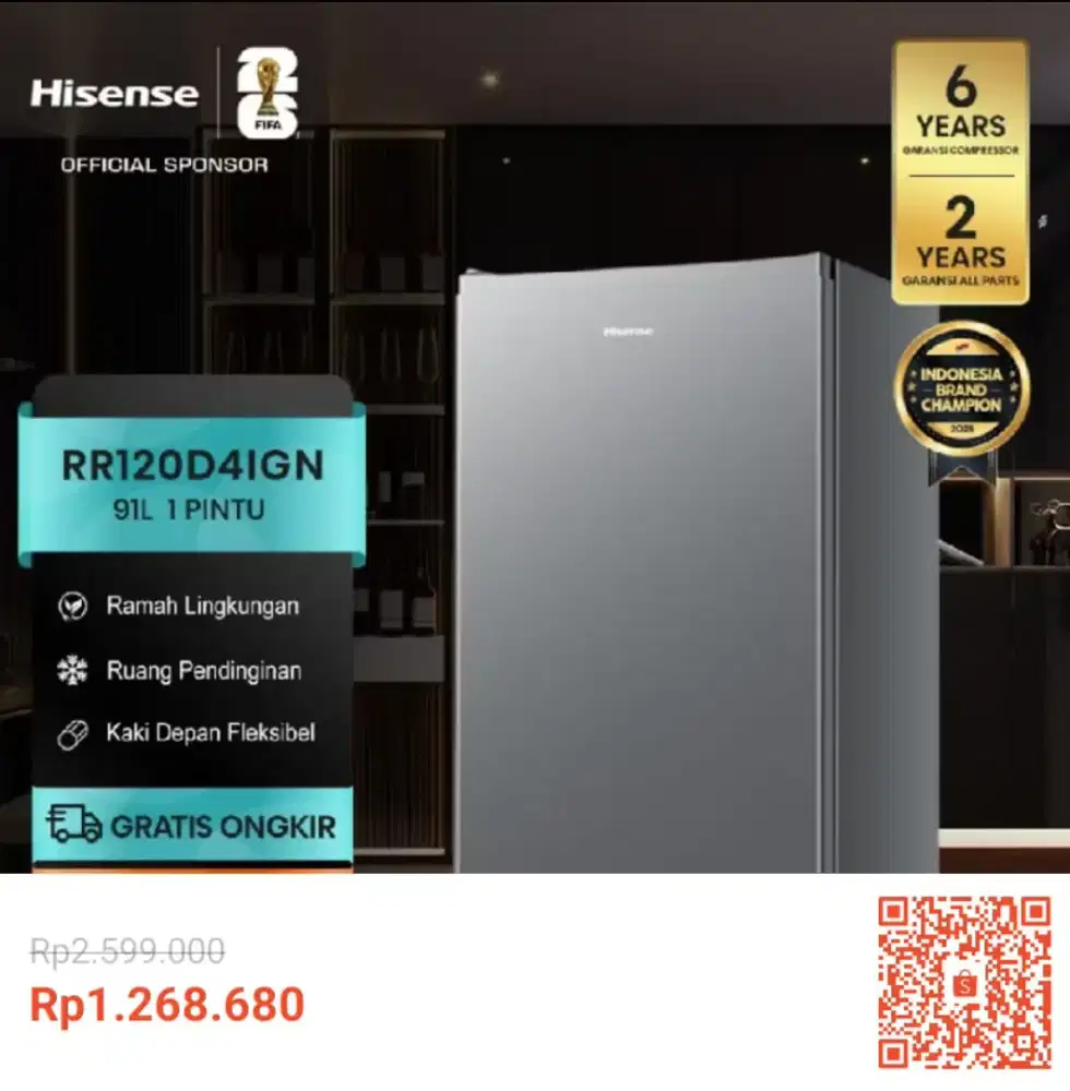 Kulkas  1  Pintu,  Merek  Hisense,  Model  RR120D41GN