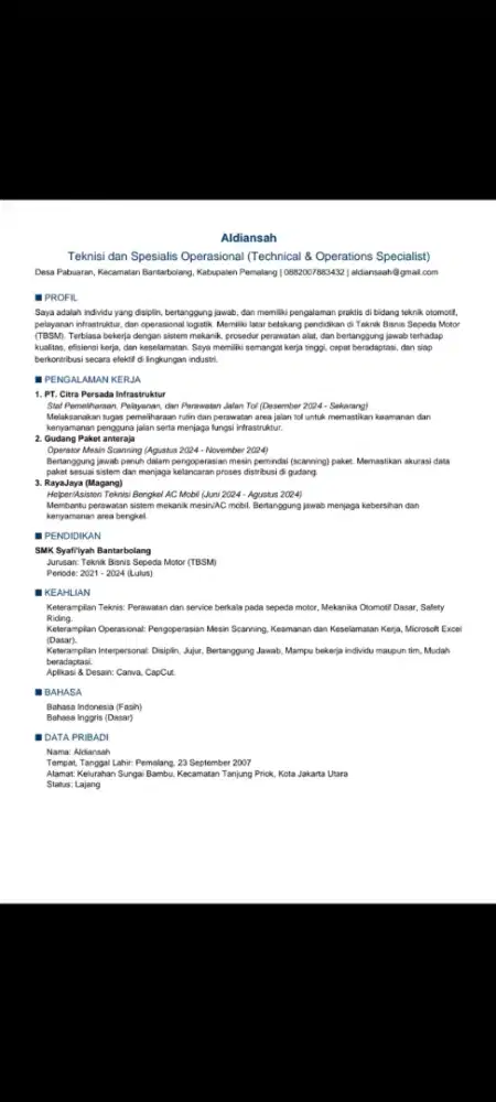 Mencari Pekerjaan – Berpengalaman di Admin, Logistik, & Otomotif