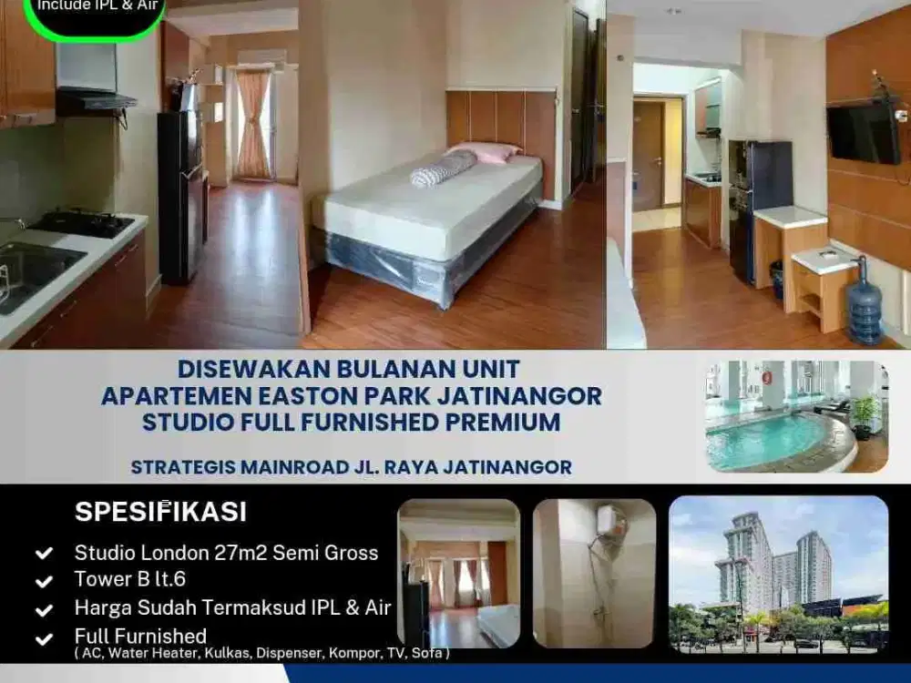 Disewakan Bulanan Unit 
Apartemen Easton Park Jatinangor
Studio Full Furnished 2 kasur (120x200)

Strategis Mainroad Jl. Raya Jatinangor