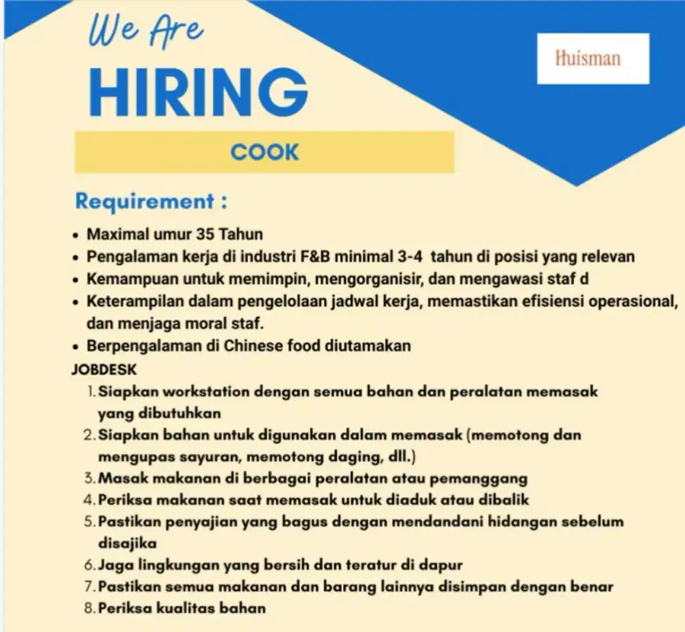 DIBUTUHKAN SEGERA POSISI COOK