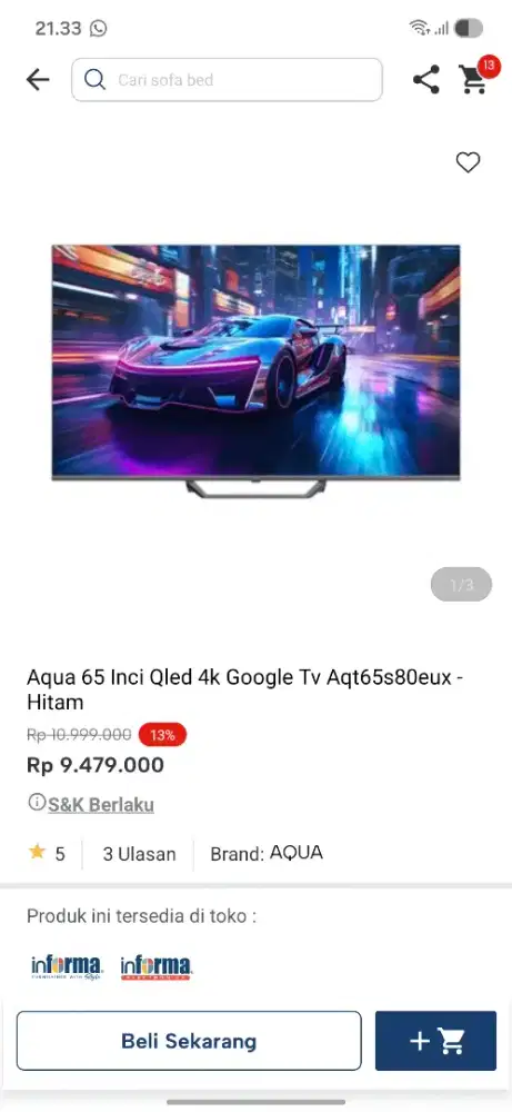 Ready stok tv 65 inc aqua google tv