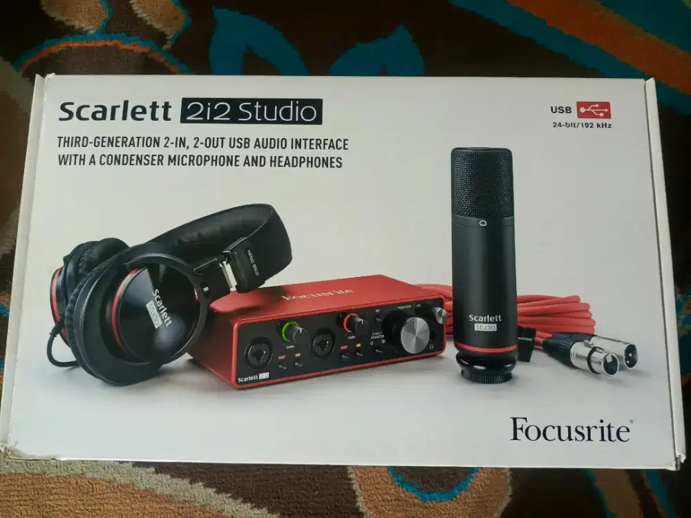 Focusrite + mic clip on + 2 filter mic + stand mic