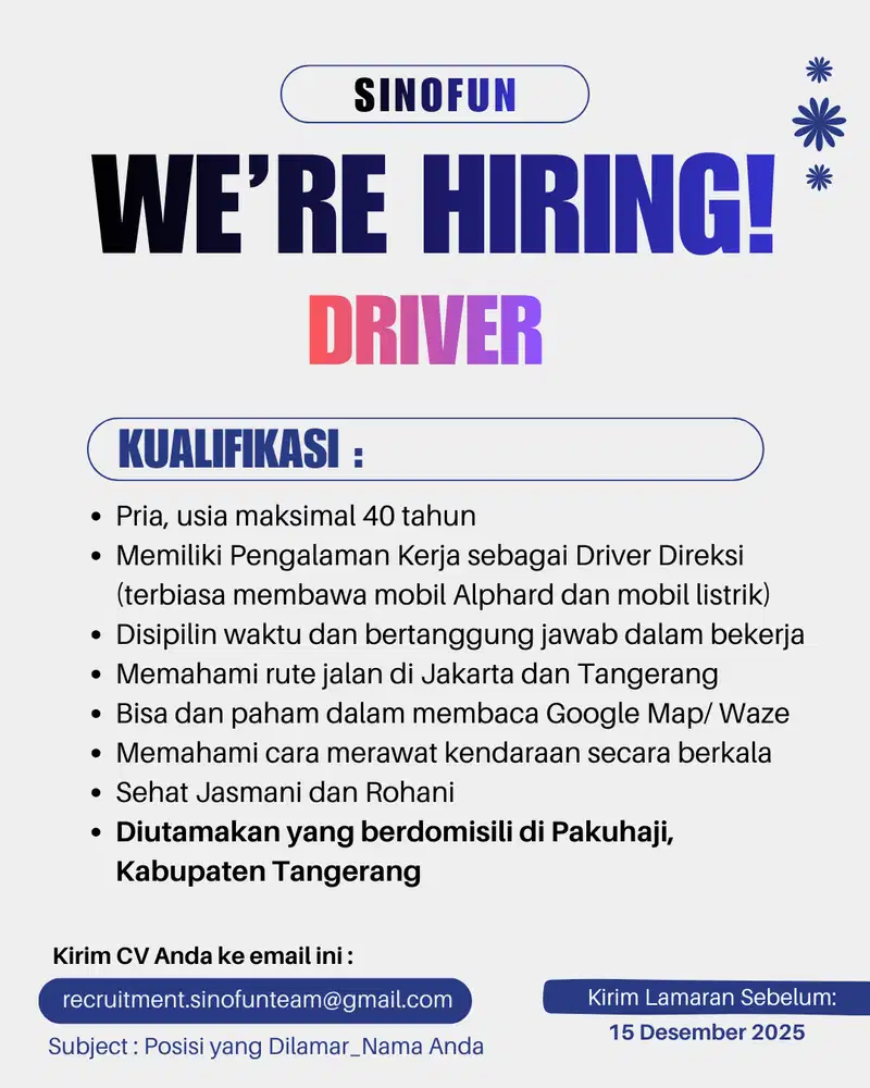 DIBUTUHKAN SEGERA! LOWONGAN KERJA - DRIVER