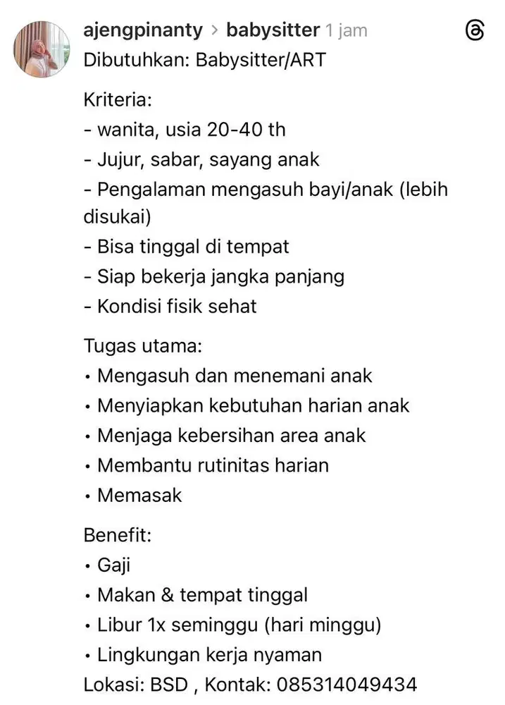 Dibutuhkan Pengasuh bayi/ART