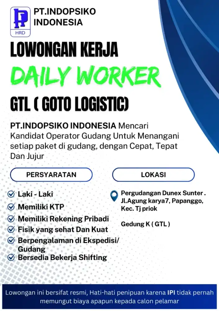 Lowongan Kerja Daily worker gudang sortasion GTL ( goto logistic )