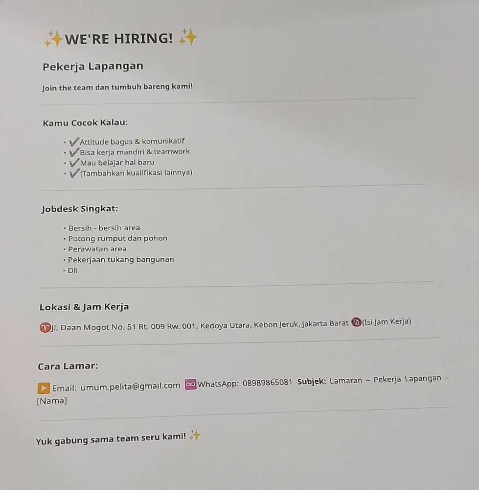 DIBUTUHKAN SEGERA PEKERJA LAPANGAN