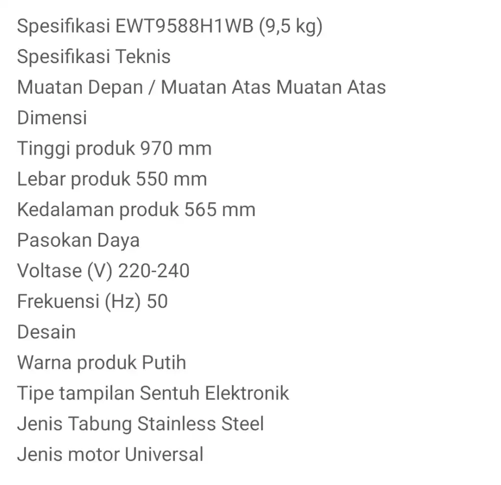 Mesin Cuci Electrolux 9.5Kg