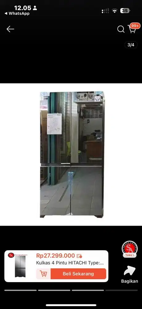 Kulkas 4 pintu HITACHI wb64vgdo SECOND KONDISI 3 sisi pintu kaca pecah