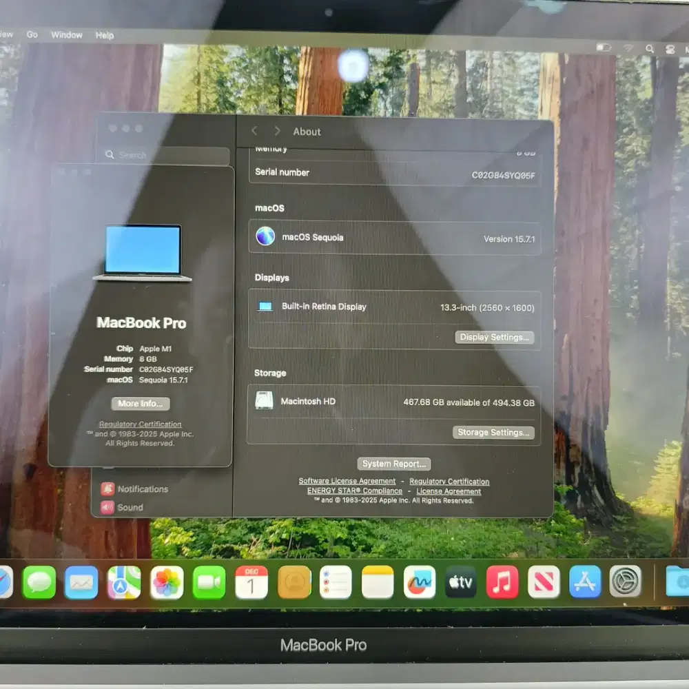 Macbook Pro M1 layar 13 Inch Ram 8 Ssd 512 lengkap full set Space Grey