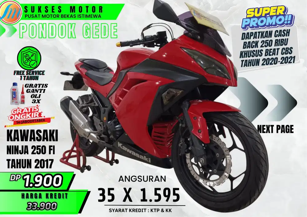 NINJA 250 FI TH 2017 DP RINGAN ANGS MURAH PROSES CEPAT ADA ASURANSI