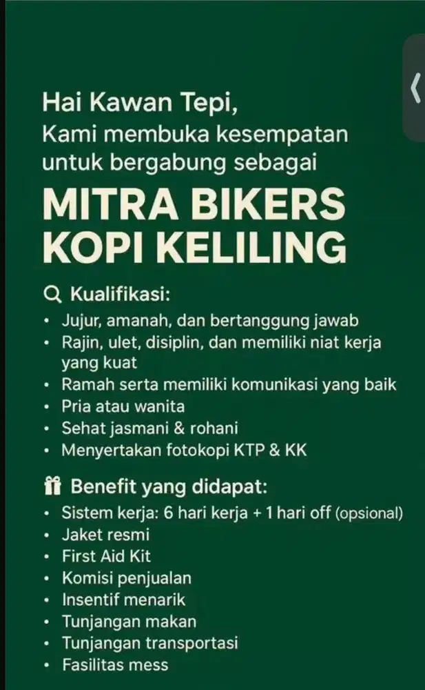 Lowongan Pekerjaan Bikers Kopi Keliling