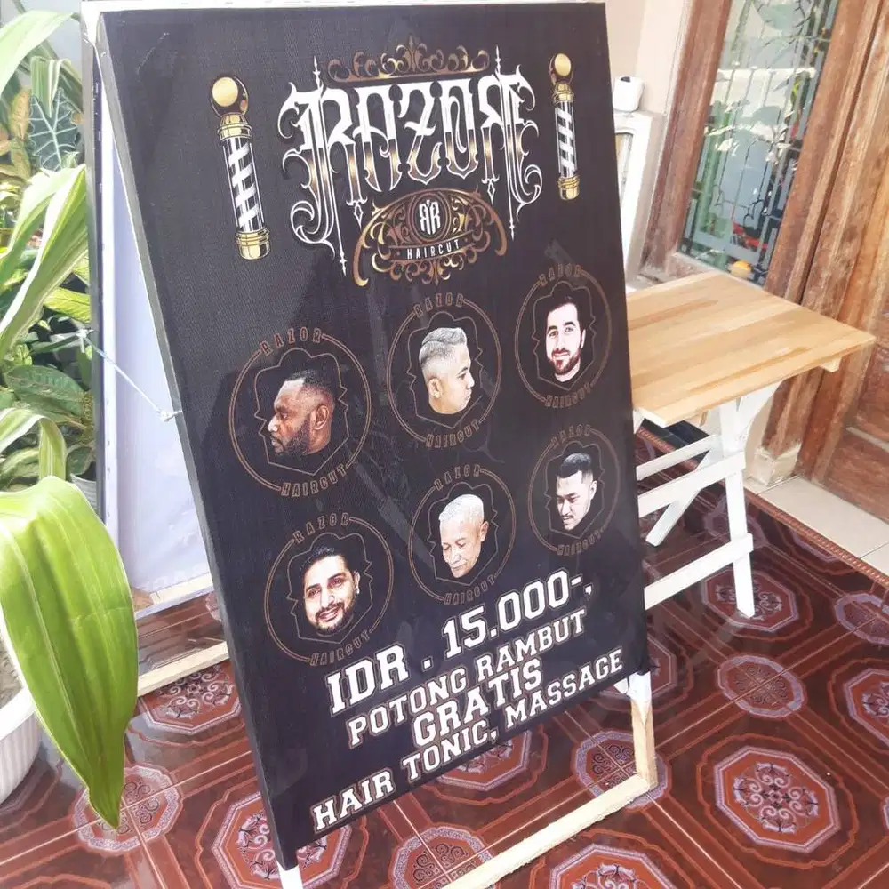 Branding segitiga a banner jualan pentol cilok mmt kayu barbershop