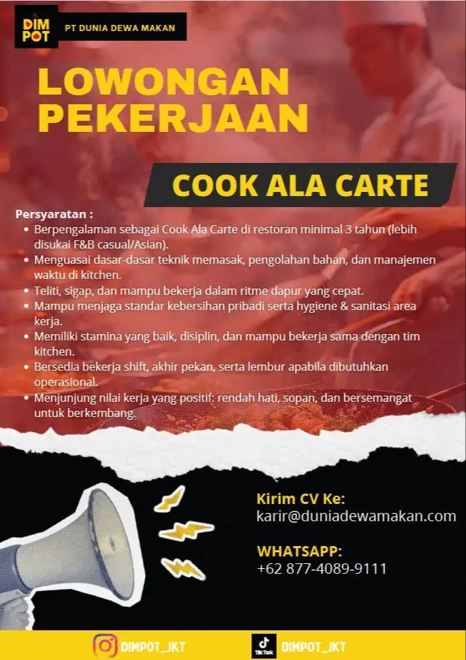 LOWONGAN PEKERJAAN COOK, KOKI, DISHWASHER, CHEF