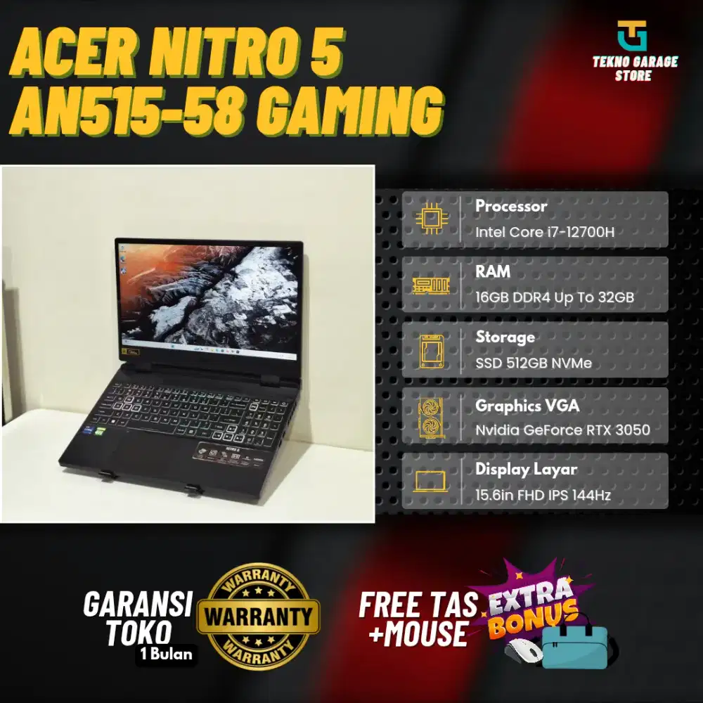 ACER NITRO 5 AN515-58 CORE I7-12700H RAM 16GB/512GB NVIDIA RTX 3050