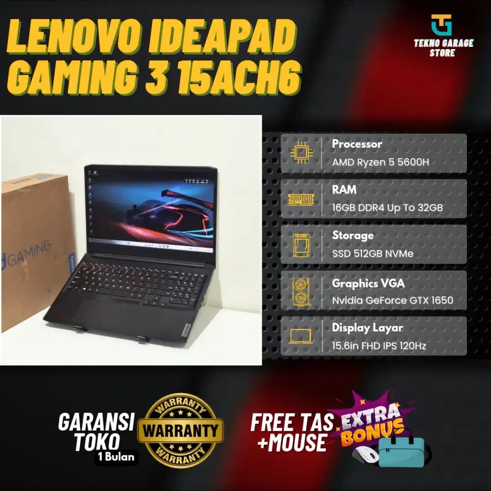 LENOVO IDEAPAD GAMING 3 15ACH6 RYZEN 5 5600H RAM 16GB/512GB  GTX 1650