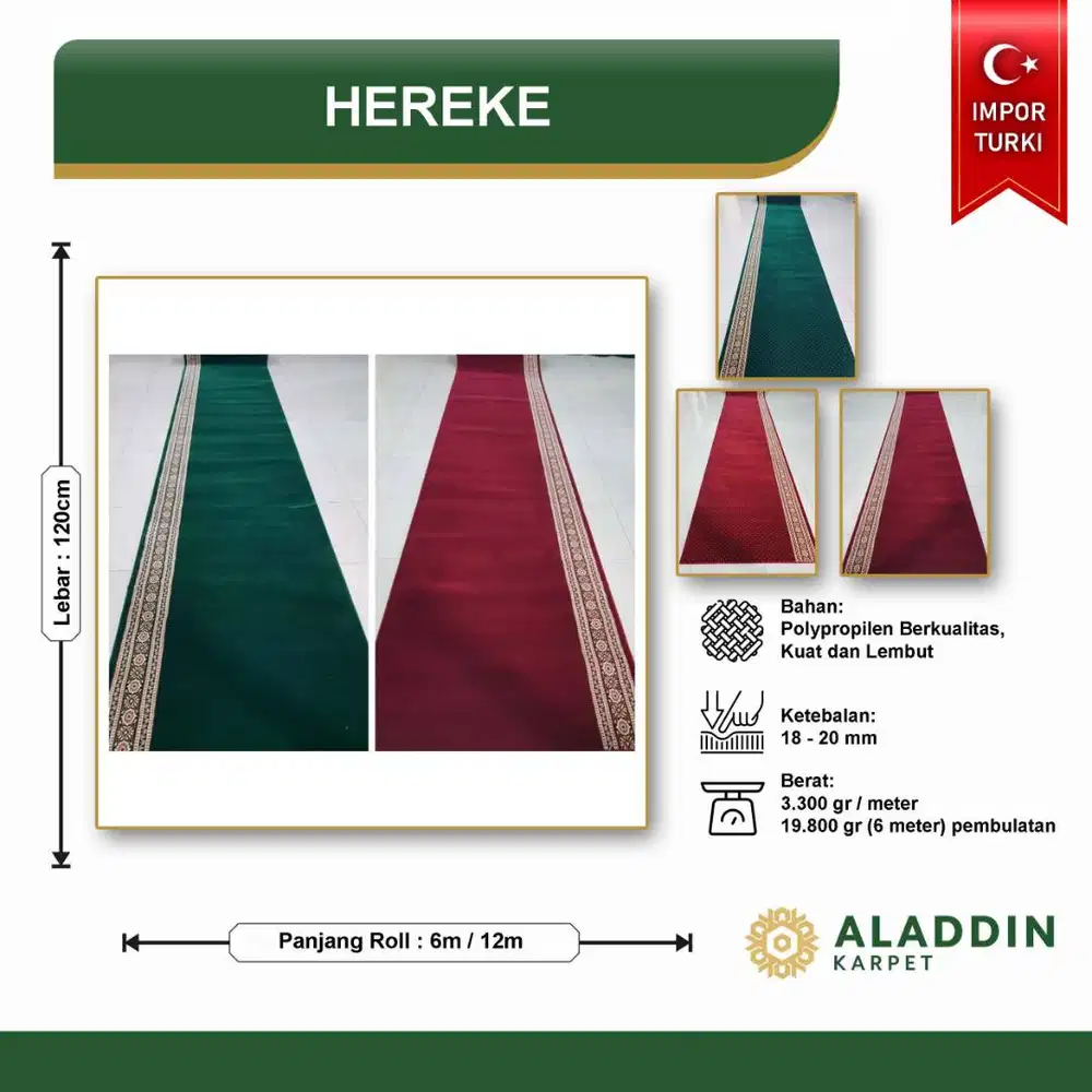 Karpet Masjid Import Turkiye HEREKE - Meteran Permeter Merah Hijau