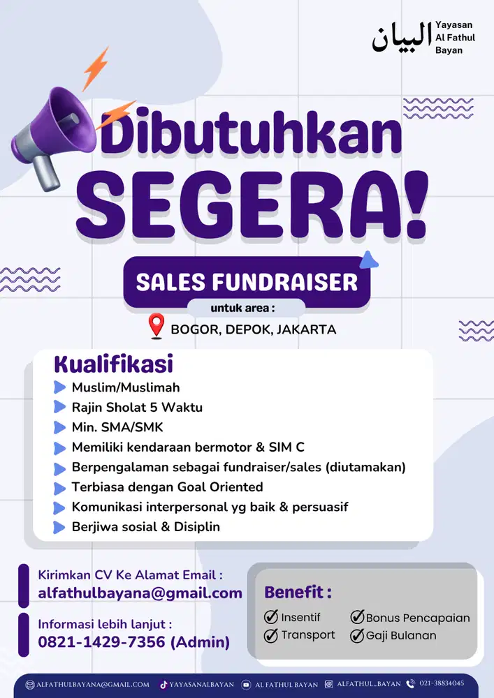 Dibutuhkan Segera! SALES FUNDRAISER (Bogor, Depok, Jakarta)