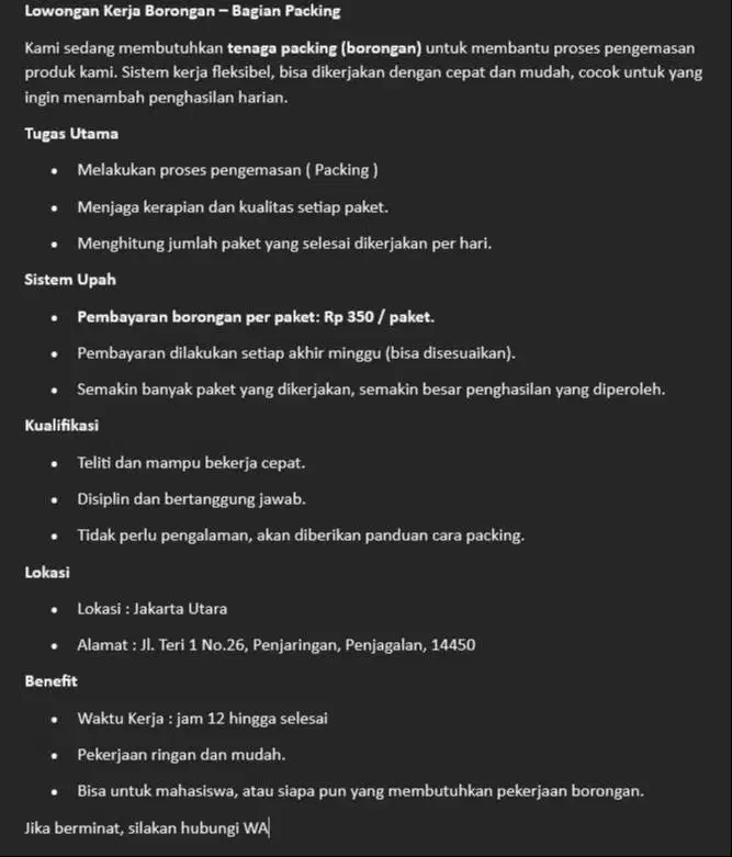 Dibutukan Admin Packing Borongan