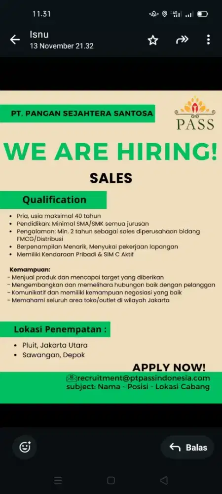 Butuh sales TO untuk jakarta timur