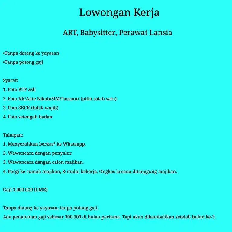 Loker ART Babysitter Perawat Lansia Lowongan kerja Pembantu Momong