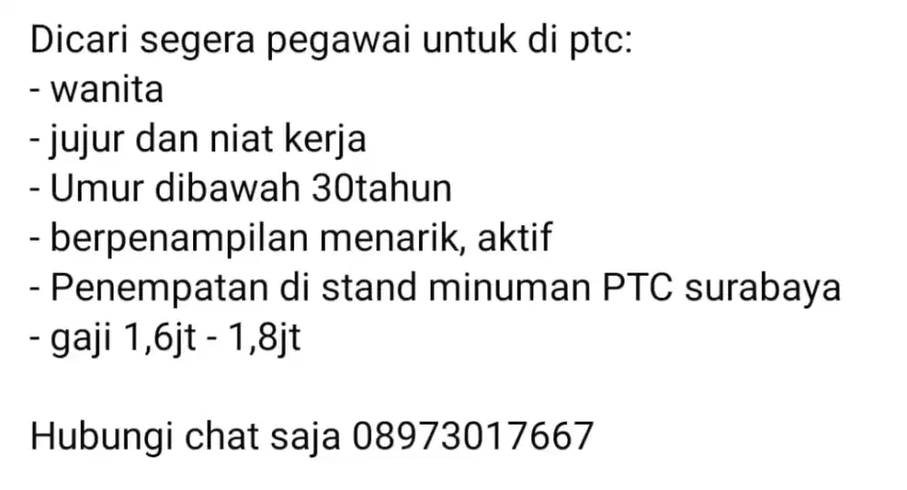Dibutuhkan segera, pegawai stand minuman di PTC