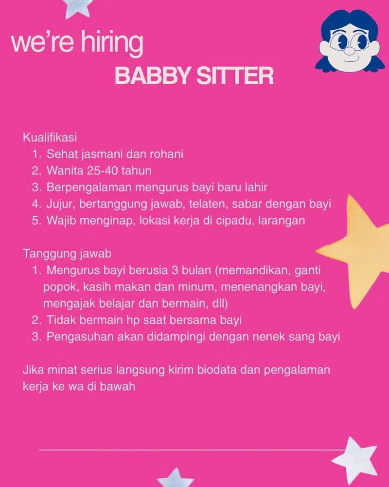 Dicari baby sitter untuk momong bayi 3 bulan