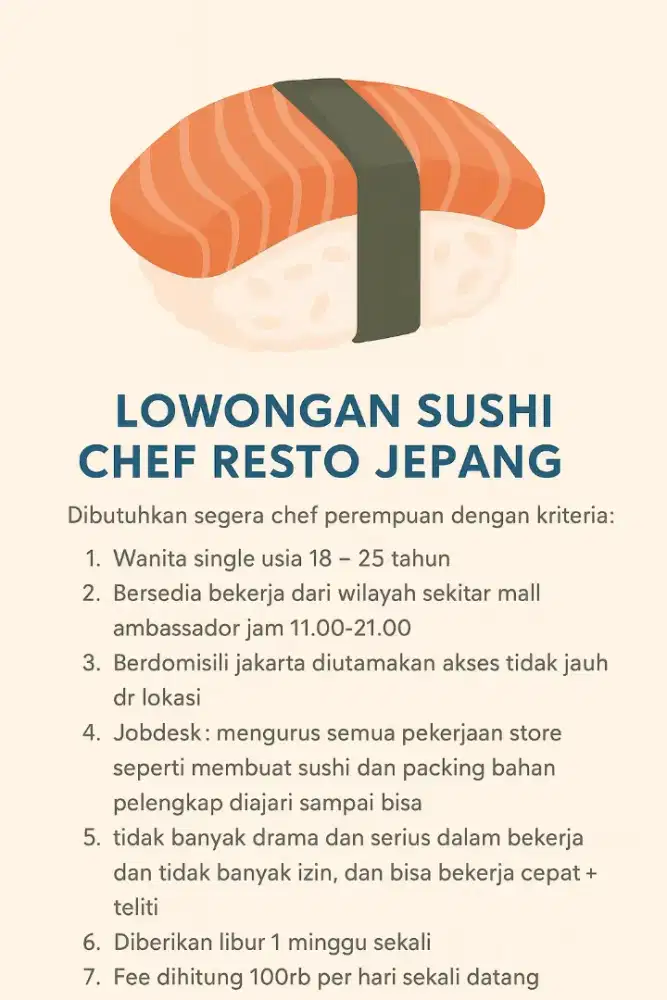 Lowongan chef Jepang ( sushi)