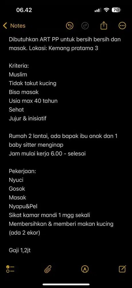 Dibutuhkan ART PP lokasi kemang pratama 3