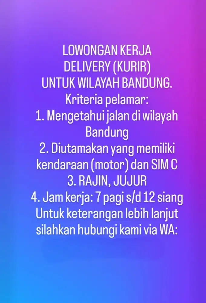 LOWONGAN KERJA
DELIVERY (KURIR)
UNTUK WILAYAH BANDUNG