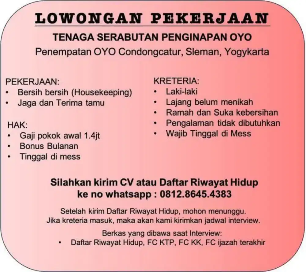 [Lowongan] Tenaga Serabutan Bersih Bersih Dan Jaga Kostel