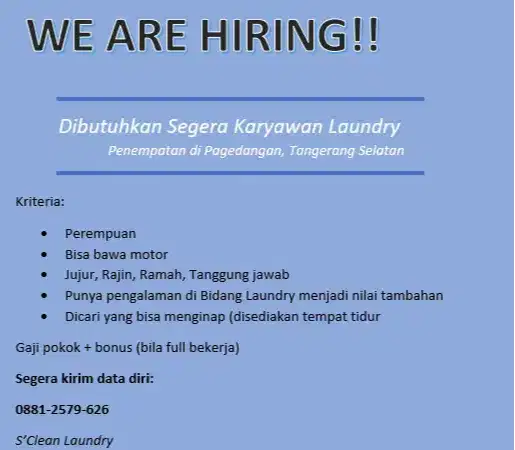 Lowongan Kerja Karyawati Laundry di Tangerang