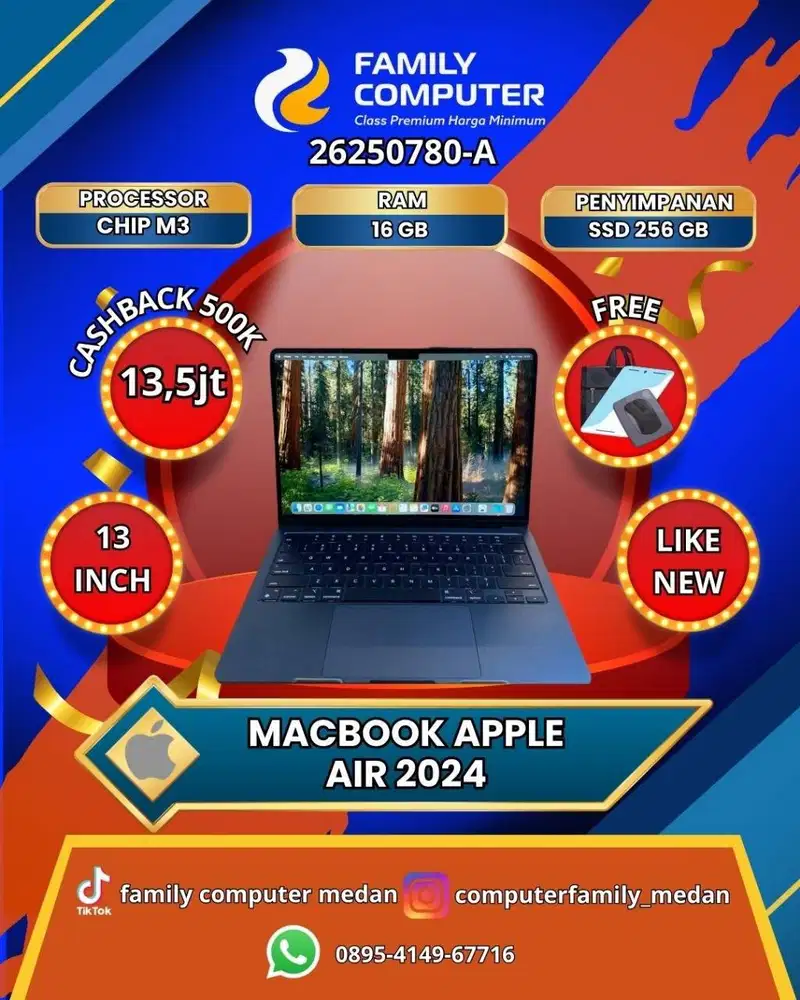 MACBOOK AIR 2024 CHIP M3 RAM 16GB SSD 256GB IBOX GARANSI LIKE NEW OKE