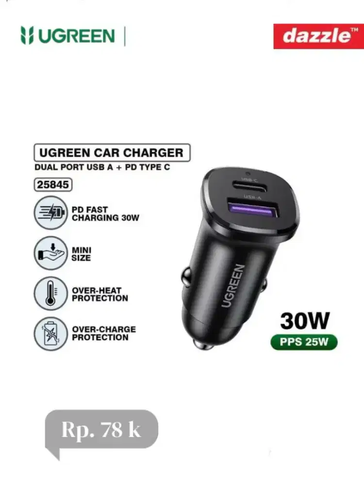Ugreen car charger dual port USB A & type C 30W fast charging