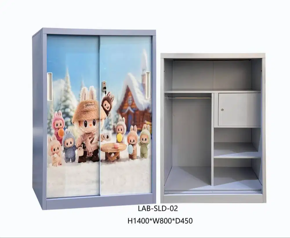 Lemari Pakaian Anak Plat Besi 3 Pintu Slide Motif Labubu (LAD-SLD-02)