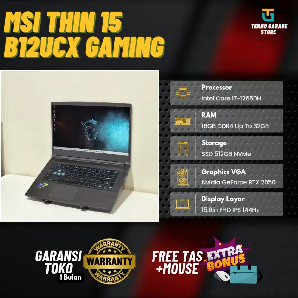MSI THIN 15 B12UCX CORE I7-12650H RAM 16GB/512GB NVIDIA RTX 2050