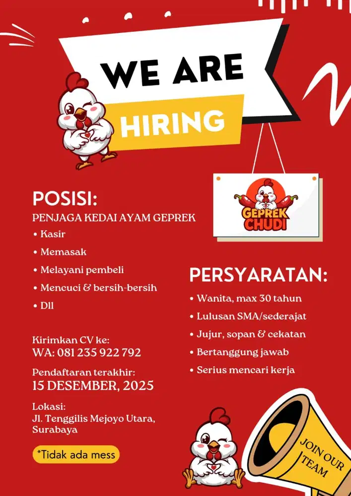 DICARI PEKERJA UNTUK FULL TIME GEPREK CHUDI DAERAH UBAYA!!!