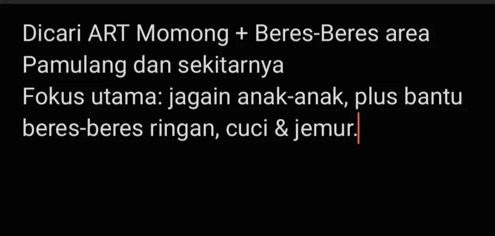 Dicari ART Momong + Beres-Beres area Pamulang, Depok dan sekitarnya