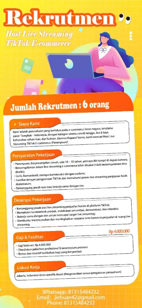 Host Live TikTok E-commerce - Gaji Rp4jt + Bonus!