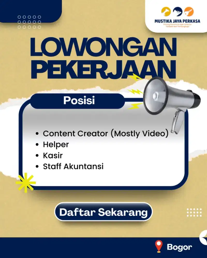 Lowongan Pekerjaan Staff Akuntansi, Content Creator, Helper dan Kasir