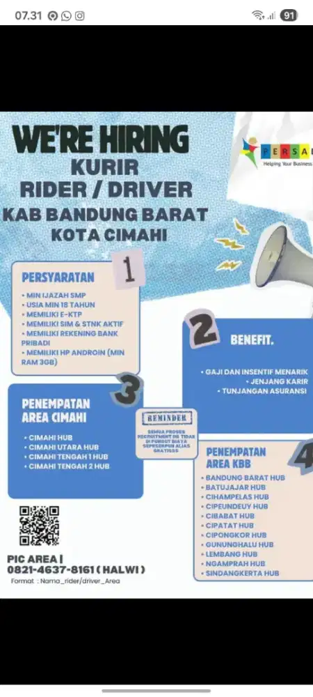 Lowongan kerja PSD X SPX EXPRESS Area KAB BANDUNG BARAT - KOTA CIMAHI