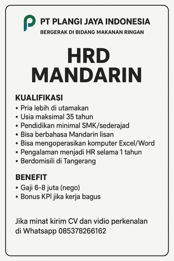 Mandarin Supervesior ,HRD,assisten