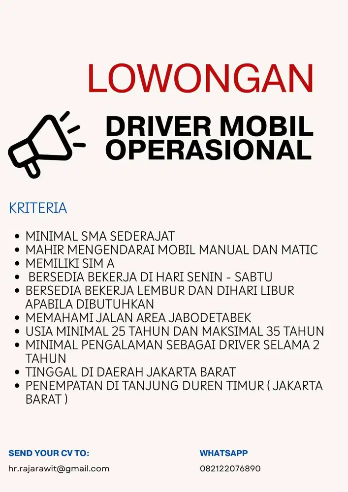 Lowongan Kerja Driver Mobil Operasional