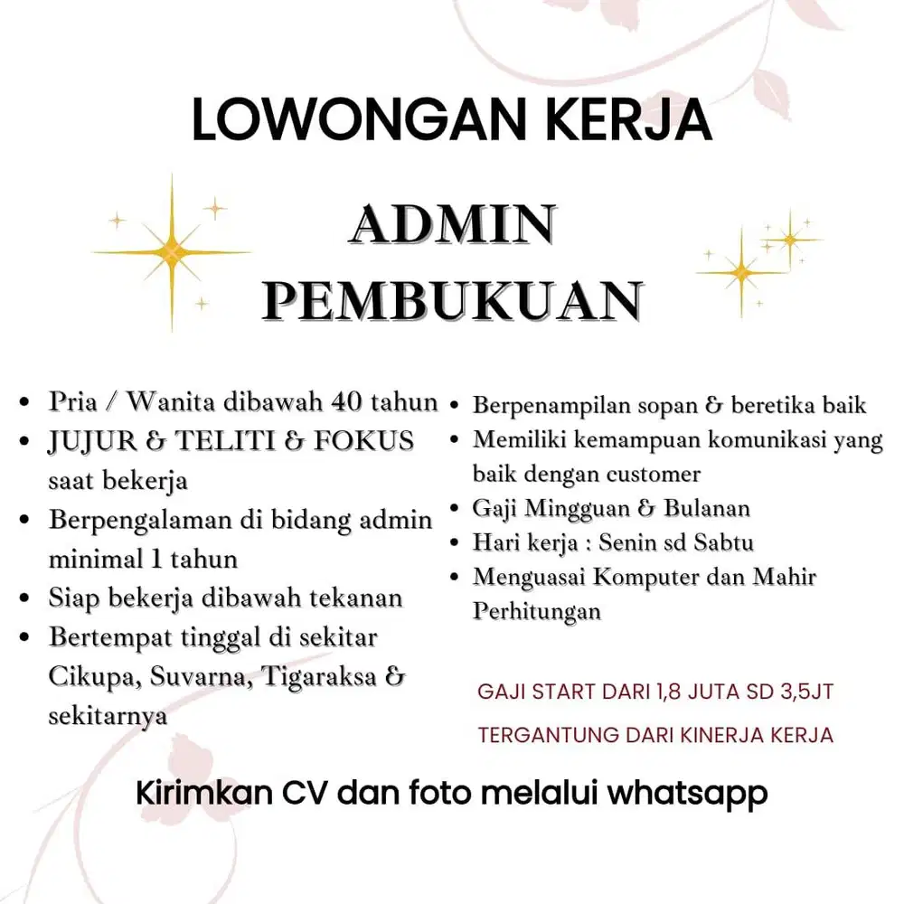 Dicari admin pembukuan , pria atau wanita