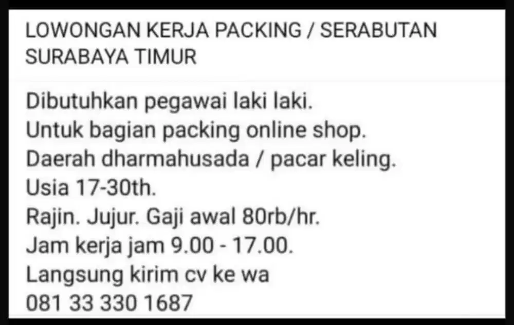Lowongan pria kerja packing serabutan surabaya timur