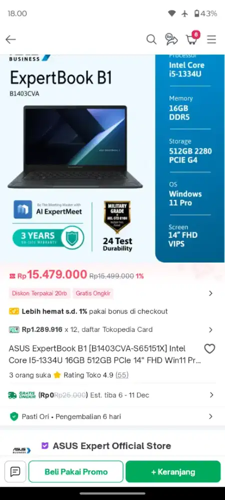 Asus expertbook b1403cva baru termurah