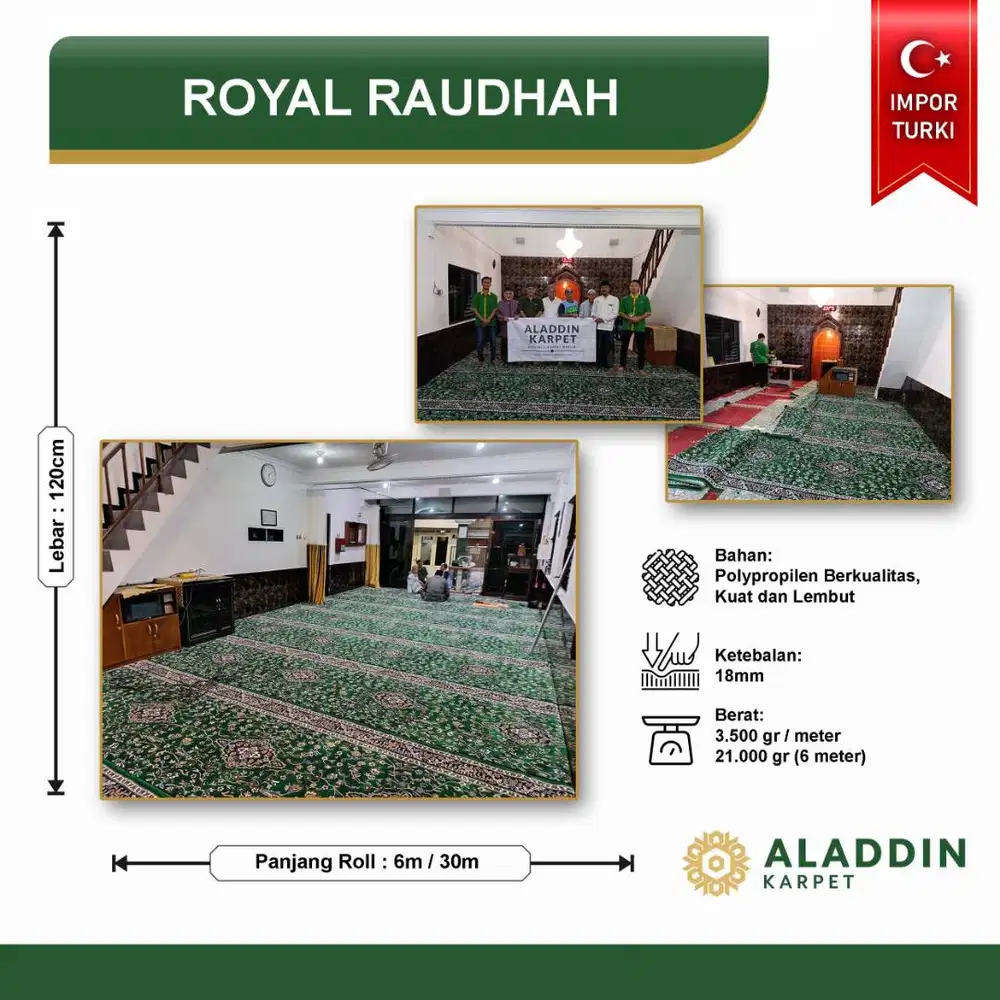 Karpet Masjid Import Royal Raudhah - Meteran Permeter Merah Hijau