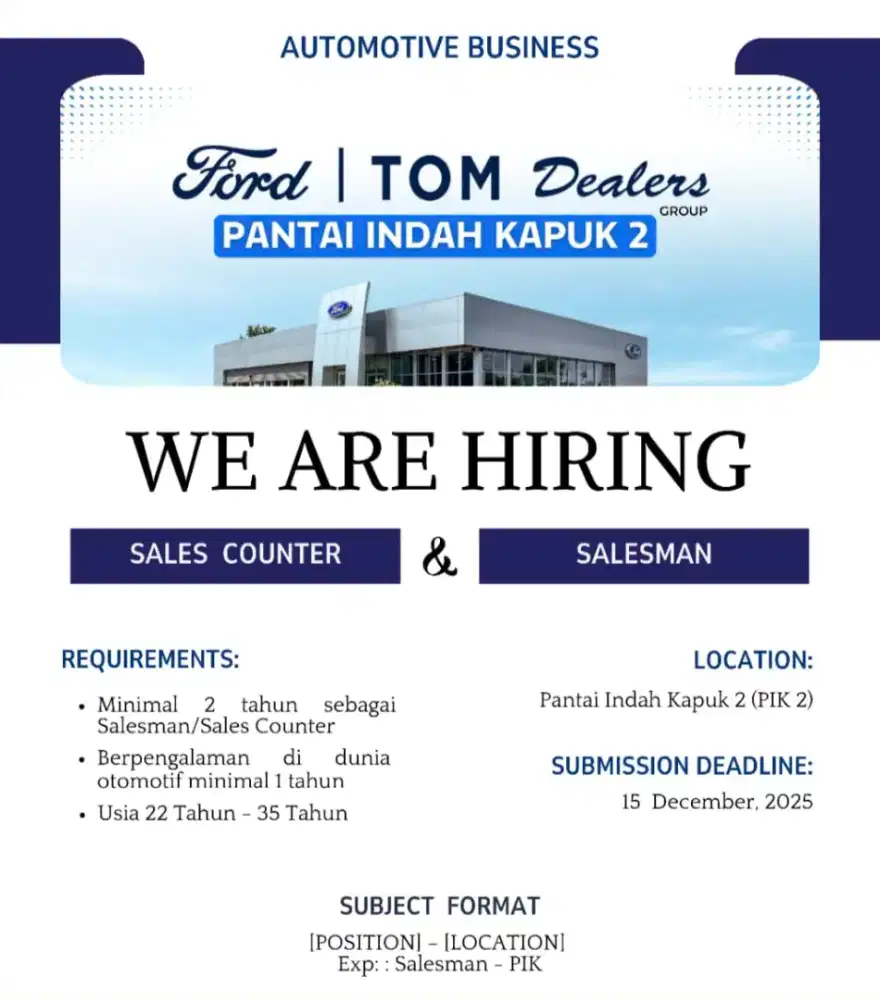 Lowongan Sales dan Counter mobil Ford
