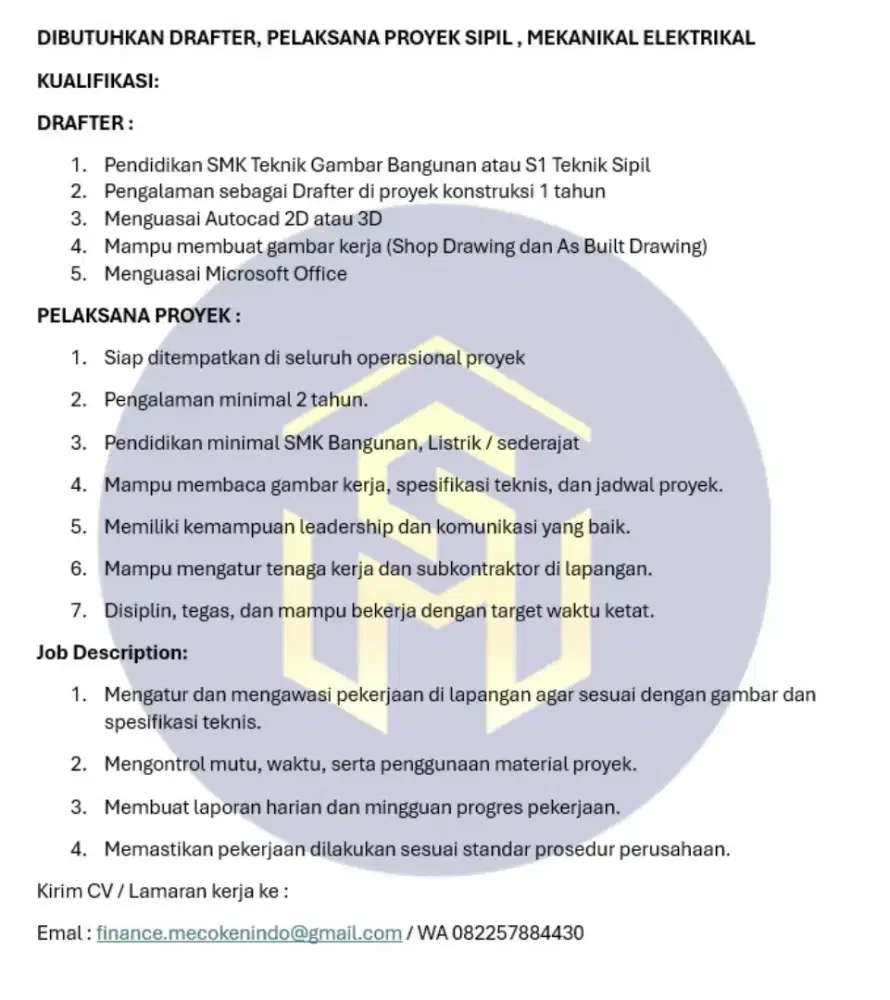 Dicari segera pelaksana proyek, drafter