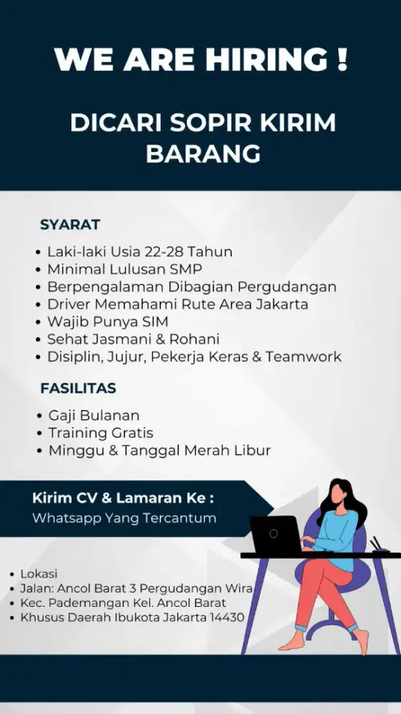 Dicari driver kirim braang dan kenek gudang